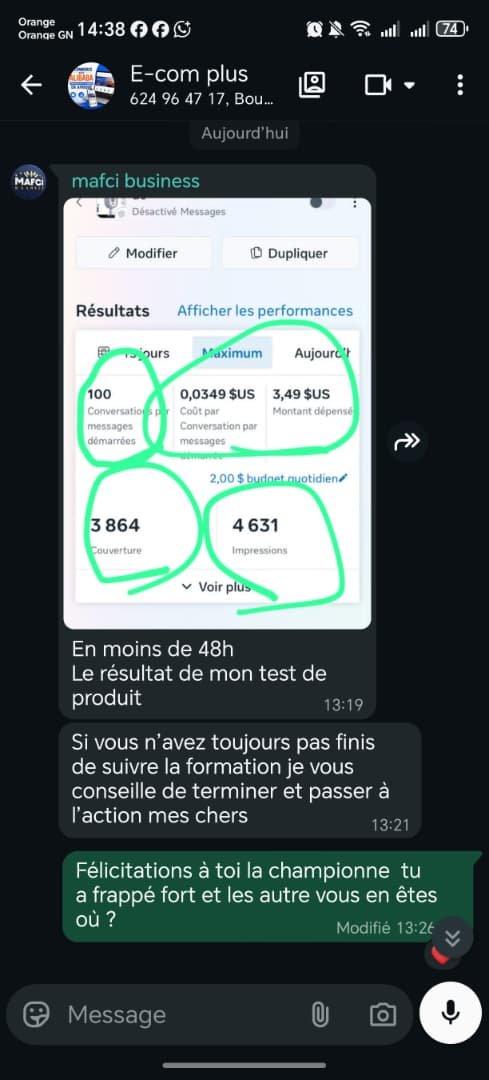 Capture des résultats publicitaires d'une élève, 48h après la formation