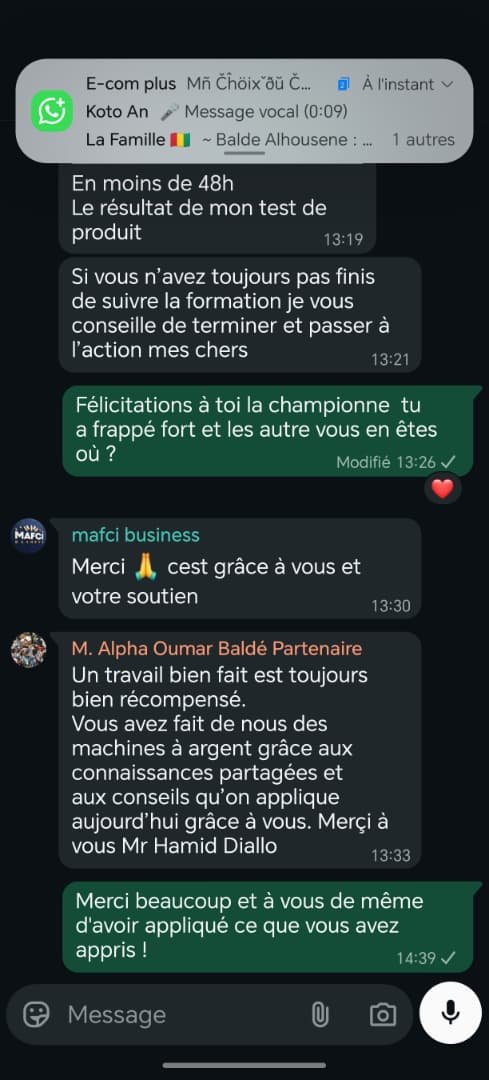 Message de remerciement d'un partenaire dans le groupe d'accompagnement
